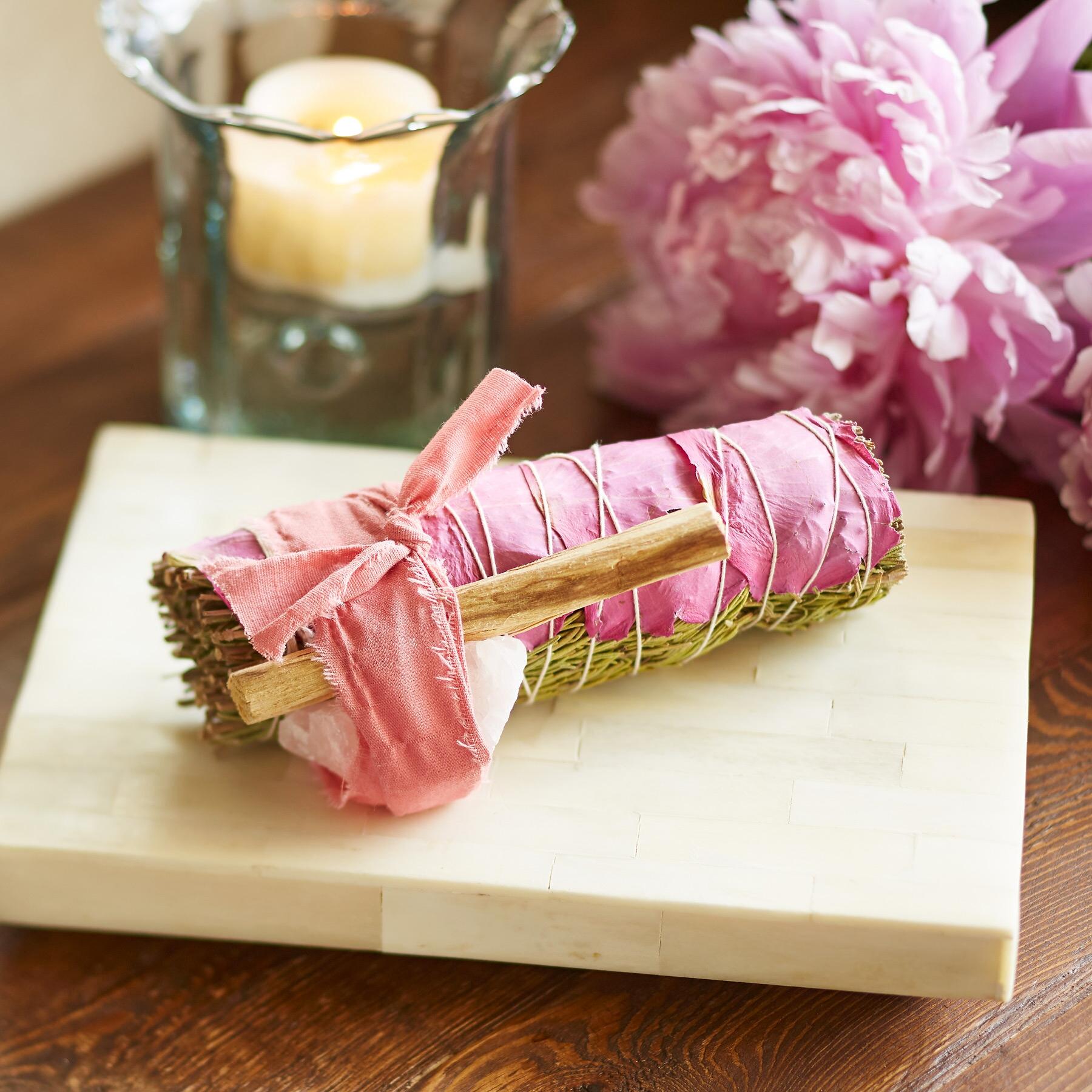 Premium Rose Quartz & Rosemary Smudge Stick